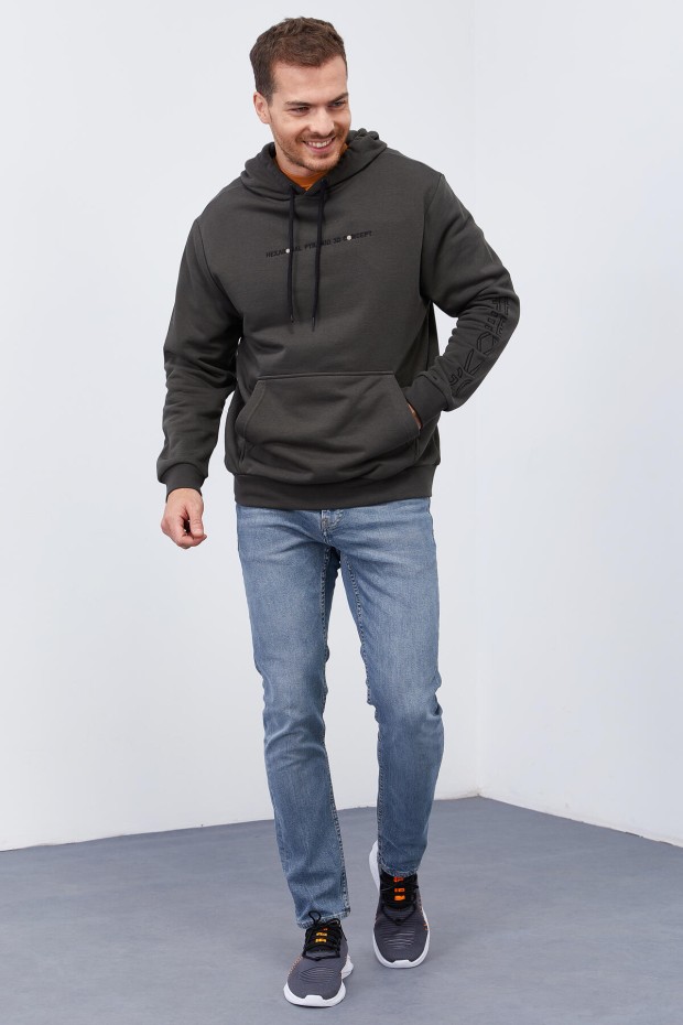 Haki Kol Baskılı Kapüşonlu Rahat Form Erkek Sweatshirt - 88038