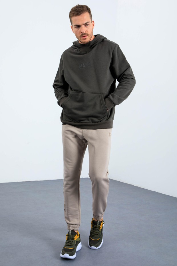 Haki Mars Yazı Ve Sırt Baskılı Kapüşonlu Rahat Form Erkek Sweatshirt - 88032