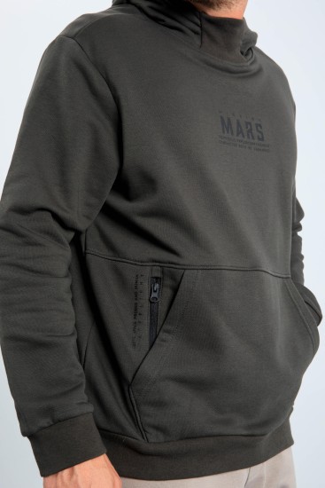 Haki Mars Yazı Ve Sırt Baskılı Kapüşonlu Rahat Form Erkek Sweatshirt - 88032 - Thumbnail