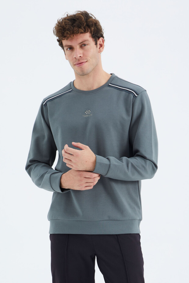 Haki O Yaka Omuz Şerit Detaylı Rahat Kalıp Erkek Sweatshirt - 88279