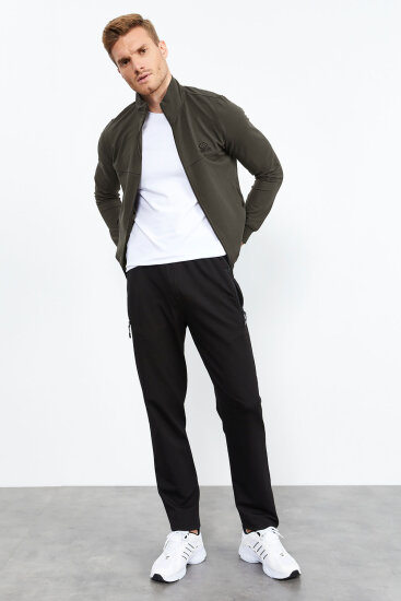 Haki - Siyah Dik Yaka Fermuarlı Standart Kalıp Klasik Paça Erkek Eşofman Takımı - 85152 - TOMMYLIFE (1)