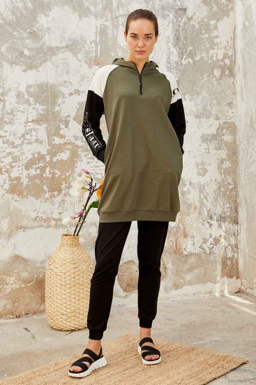Haki - Siyah Kapüşonlu Yarım Fermuar Rahat Form Jogger Kadın Eşofman Tunik Takım - 95250 - Thumbnail
