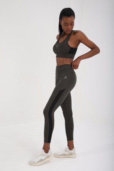 Haki Yüksek Bel Toparlayıcı Şerit Detaylı Slim Fit Dar Paça Kadın Tayt - 94542 