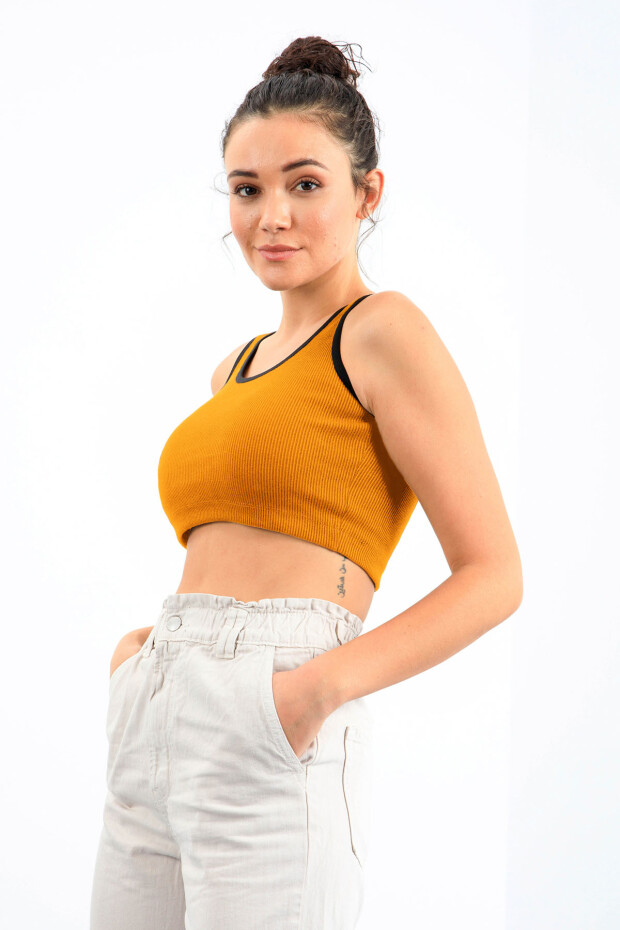 Hardal Basic Sıfır Kol Dar Kalıp U Yaka Kadın Crop Top Atlet - 97160 - 4