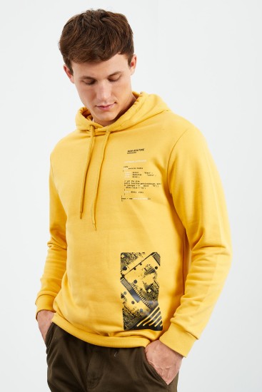 Hardal Desen Baskılı Kapüşonlu Rahat Form Erkek Sweatshirt - 88018 
