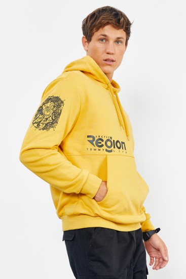 Hardal Yazı ve Desen Baskılı Kapüşonlu Rahat Form Erkek Sweatshirt - 88011 