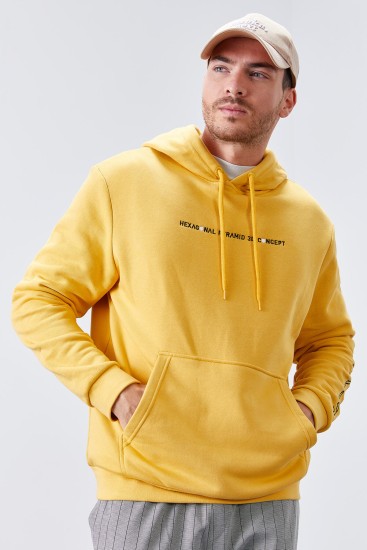 Hardal Kol Baskılı Kapüşonlu Rahat Form Erkek Sweatshirt - 88038 