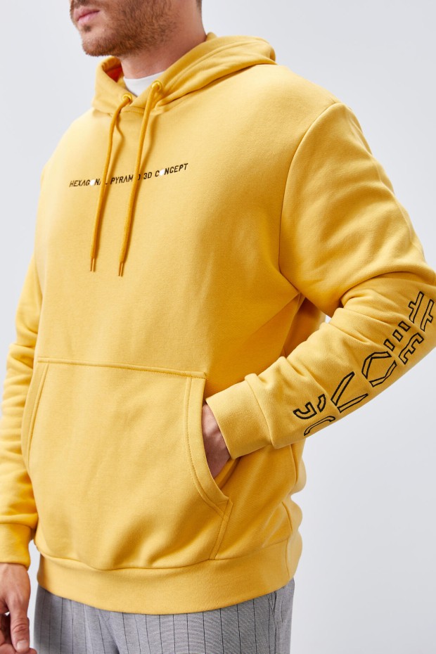 Hardal Kol Baskılı Kapüşonlu Rahat Form Erkek Sweatshirt - 88038