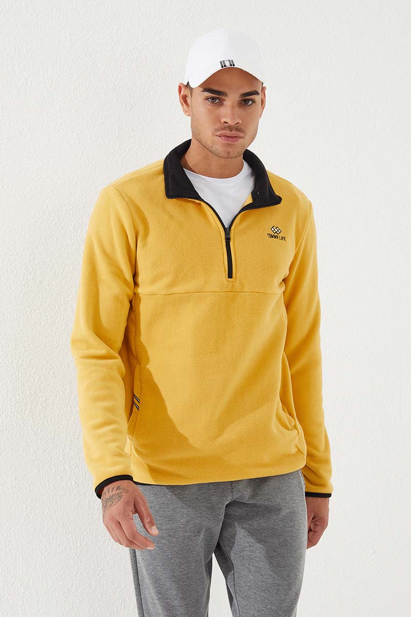 Hardal Yarım Fermuarlı Sweatshirt Slim Fit Dik Yaka Erkek Polar - 87891