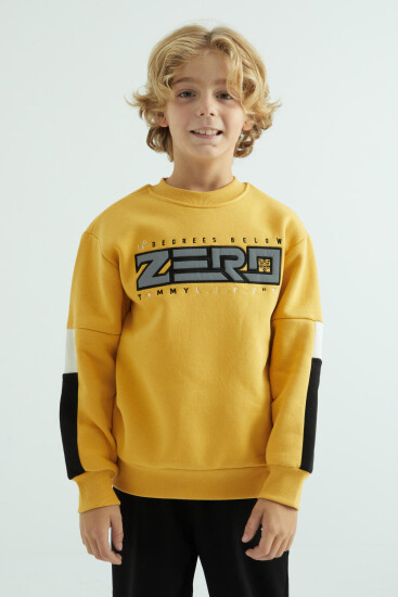 Hardal Yazı Nakışlı Şerit Detaylı O Yaka Standart Kalıp Erkek Çocuk Sweatshirt - 10991 