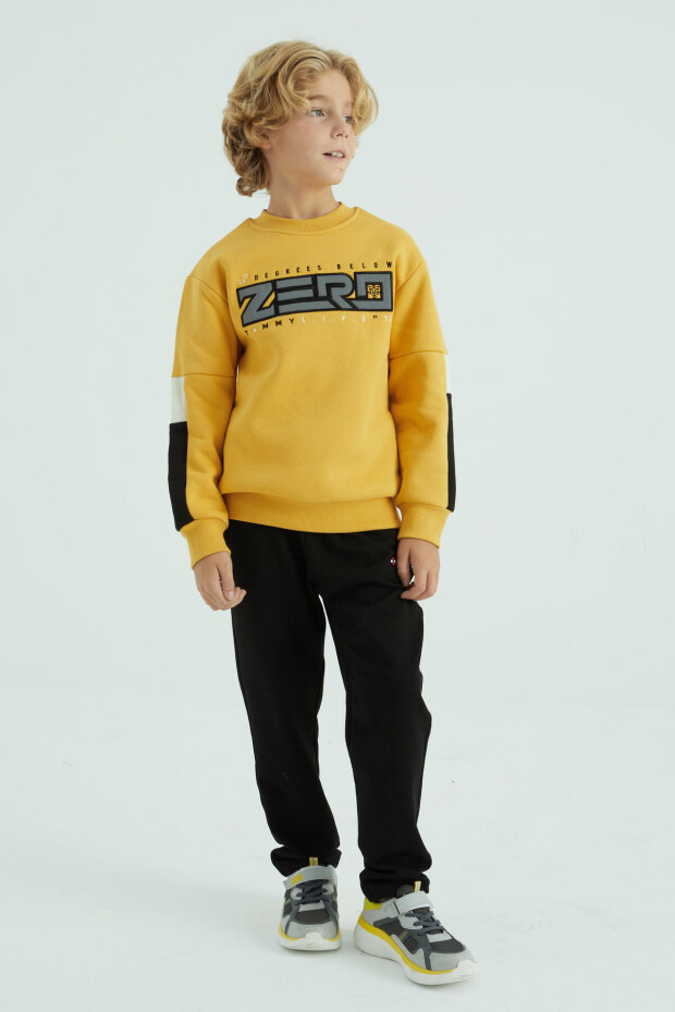 Hardal Yazı Nakışlı Şerit Detaylı O Yaka Standart Kalıp Erkek Çocuk Sweatshirt - 10991