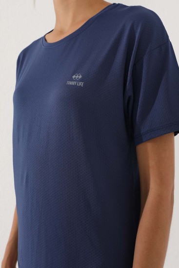 İndigo Arkası Uzun Kısa Kol Standart Kalıp O Yaka Kadın T-Shirt - 97152 - Thumbnail