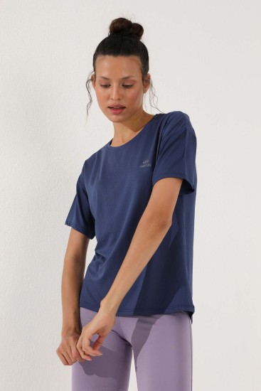 İndigo Arkası Uzun Kısa Kol Standart Kalıp O Yaka Kadın T-Shirt - 97152 - Thumbnail