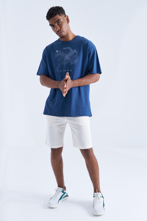 İndigo Baskı Detaylı O Yaka Erkek Oversize T-Shirt - 88093