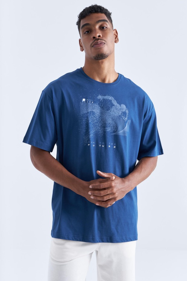 İndigo Baskı Detaylı O Yaka Erkek Oversize T-Shirt - 88093