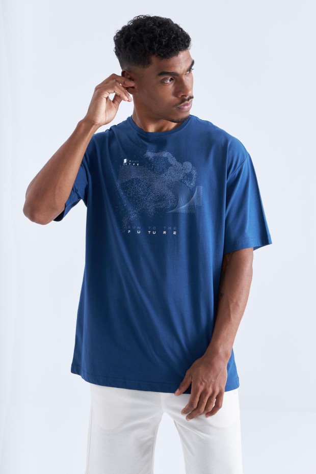 İndigo Baskı Detaylı O Yaka Erkek Oversize T-Shirt - 88093