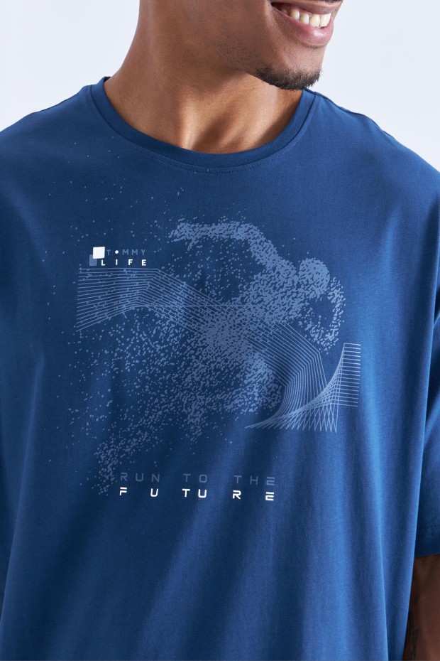 İndigo Baskı Detaylı O Yaka Erkek Oversize T-Shirt - 88093