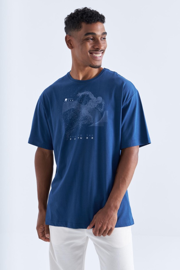 İndigo Baskı Detaylı O Yaka Erkek Oversize T-Shirt - 88093