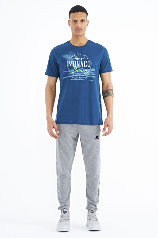 İndigo Baskı Detaylı O Yaka Standart Kalıp Erkek T-Shirt - 88188
