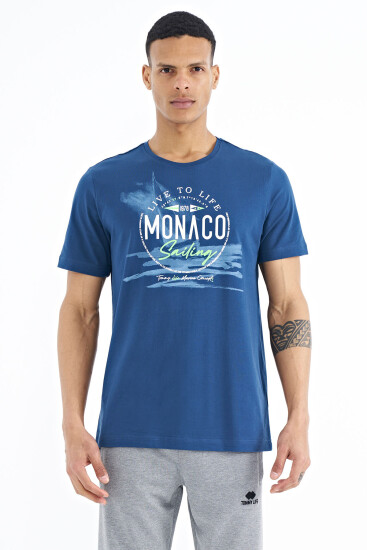 İndigo Baskı Detaylı O Yaka Standart Kalıp Erkek T-Shirt - 88188 