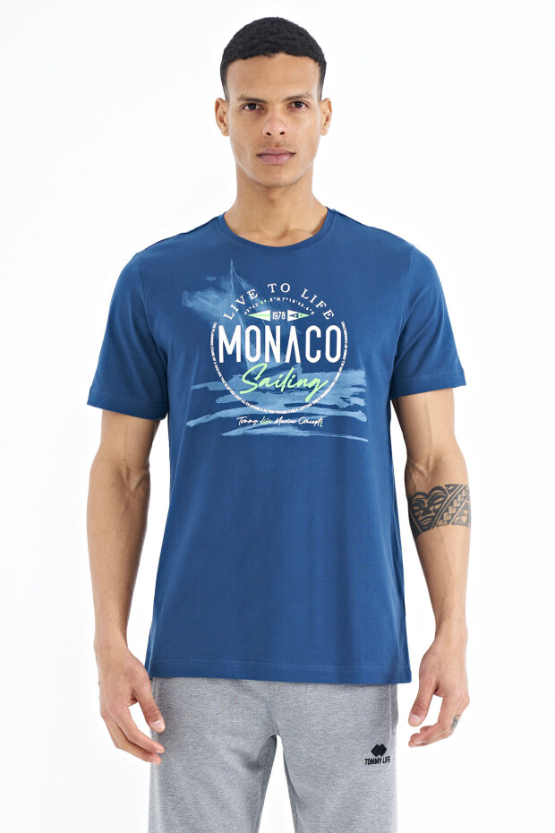 İndigo Baskı Detaylı O Yaka Standart Kalıp Erkek T-Shirt - 88188