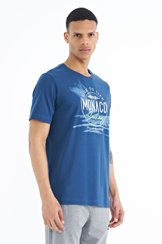 İndigo Baskı Detaylı O Yaka Standart Kalıp Erkek T-Shirt - 88188