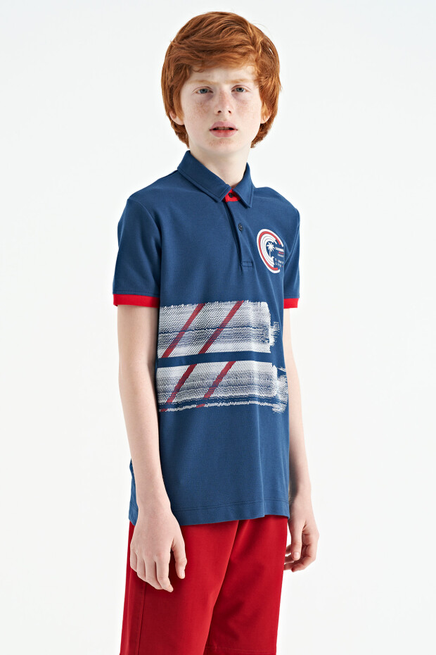 İndigo Baskı Detaylı Polo Yaka Standart Kalıp Erkek Çocuk T-Shirt - 11094