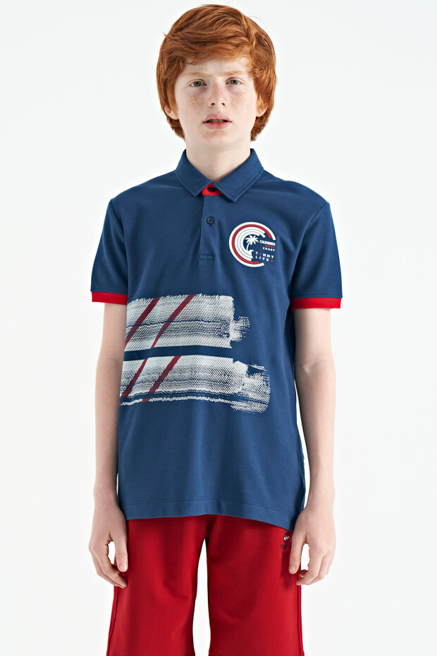 İndigo Baskı Detaylı Polo Yaka Standart Kalıp Erkek Çocuk T-Shirt - 11094
