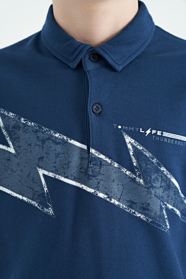 İndigo Baskı Detaylı Standart Kalıp Polo Yaka Erkek Çocuk T-Shirt - 11154