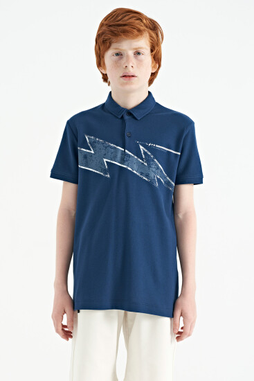 İndigo Baskı Detaylı Standart Kalıp Polo Yaka Erkek Çocuk T-Shirt - 11154 