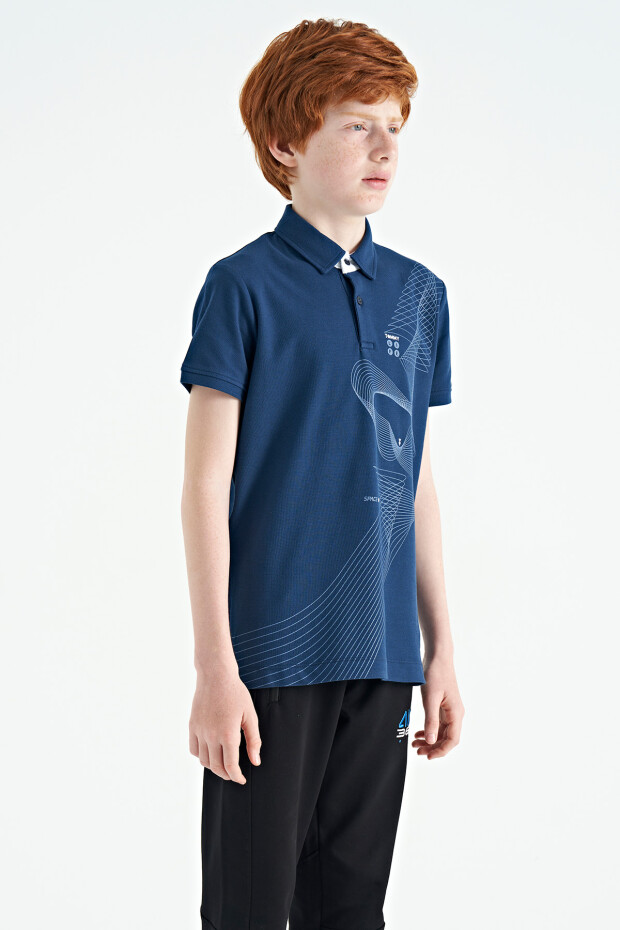 İndigo Baskı Detaylı Standart Kalıp Polo Yaka Erkek Çocuk T-Shirt - 11164