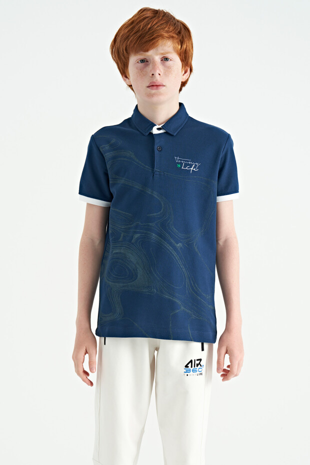 İndigo Baskı Detaylı Standart Kalıp Polo Yaka Erkek Çocuk T-Shirt - 11165