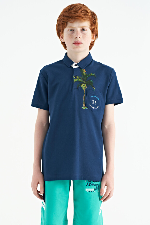 İndigo Baskılı Cep Detaylı Standart Kalıp Polo Yaka Erkek Çocuk T-Shirt - 11144