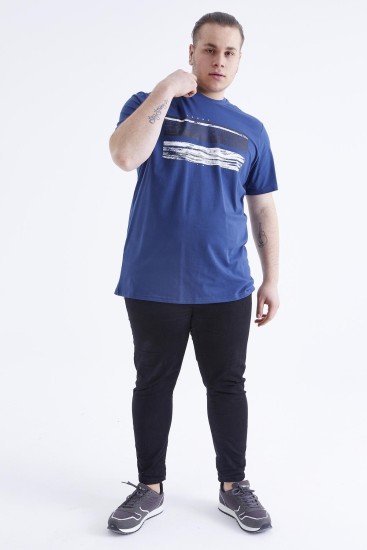 İndigo Baskılı O Yaka Büyük Beden Erkek T-shirt - 88073 - Thumbnail