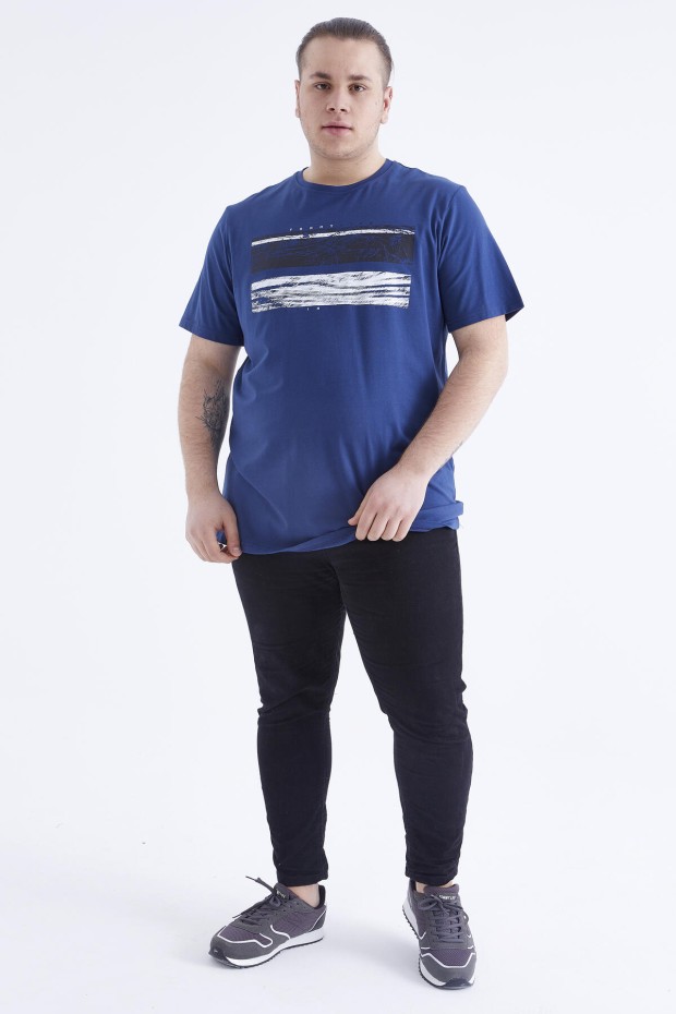 İndigo Baskılı O Yaka Büyük Beden Erkek T-shirt - 88073