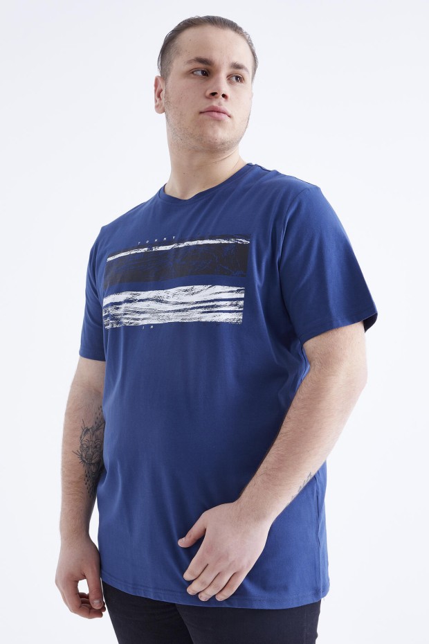 İndigo Baskılı O Yaka Büyük Beden Erkek T-shirt - 88073