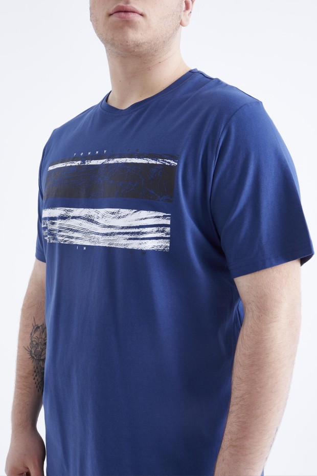 İndigo Baskılı O Yaka Büyük Beden Erkek T-shirt - 88073