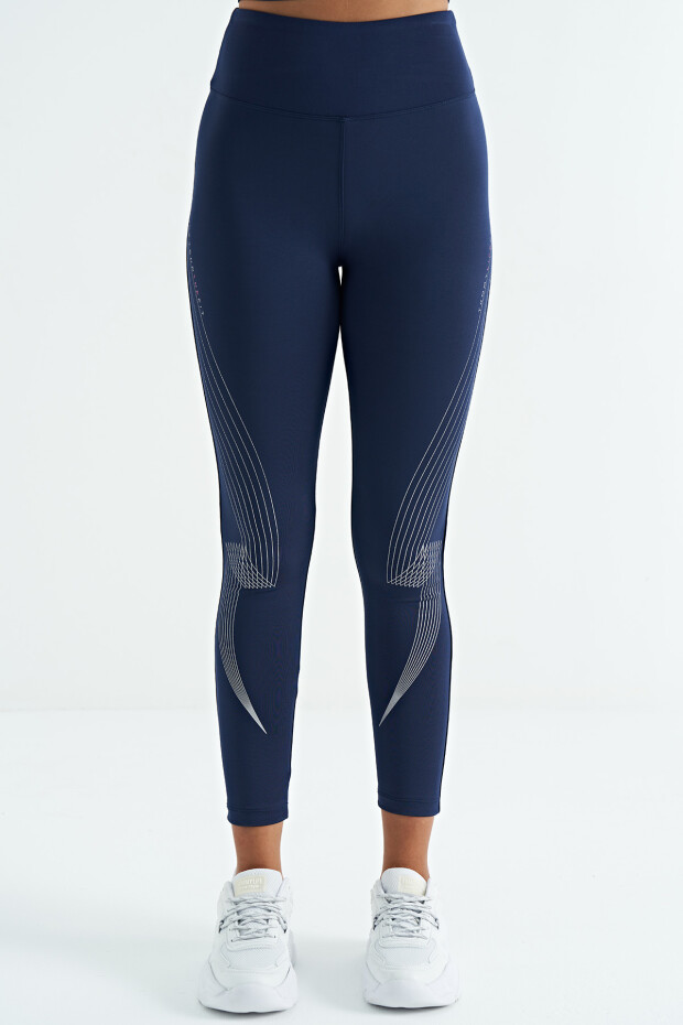 İndigo Baskılı Yüksek Bel Slim Fit Kadın Tayt - 94639 - 2