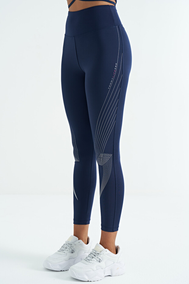 İndigo Baskılı Yüksek Bel Slim Fit Kadın Tayt - 94639 - 3