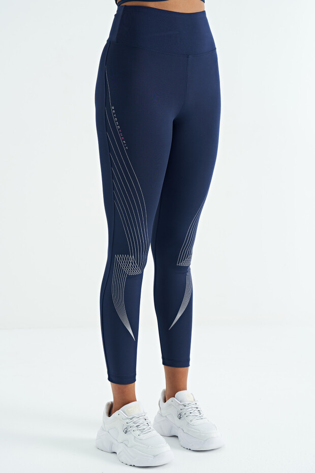 İndigo Baskılı Yüksek Bel Slim Fit Kadın Tayt - 94639 - 4