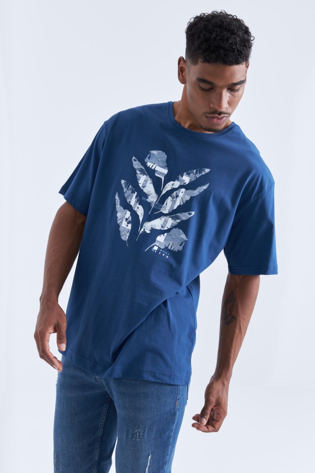 İndigo Büyük Baskılı O Yaka Erkek Oversize T-Shirt - 88092