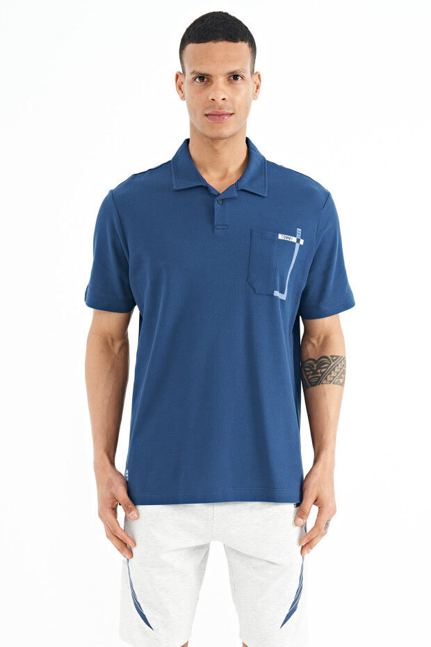 İndigo Cep Detaylı Baskılı Standart Kalıp Polo Yaka Erkek T-Shirt - 88241