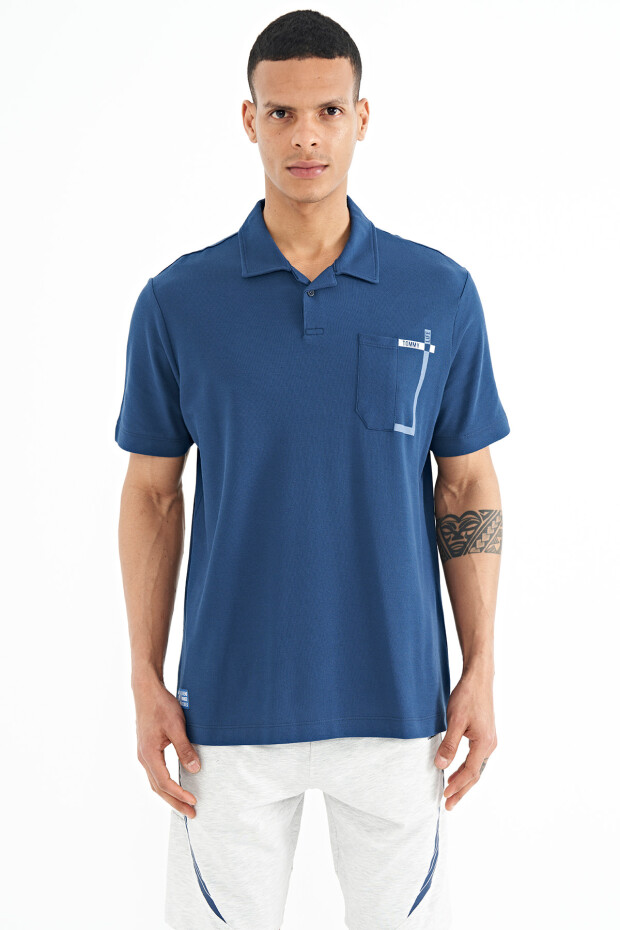 İndigo Cep Detaylı Baskılı Standart Kalıp Polo Yaka Erkek T-Shirt - 88241