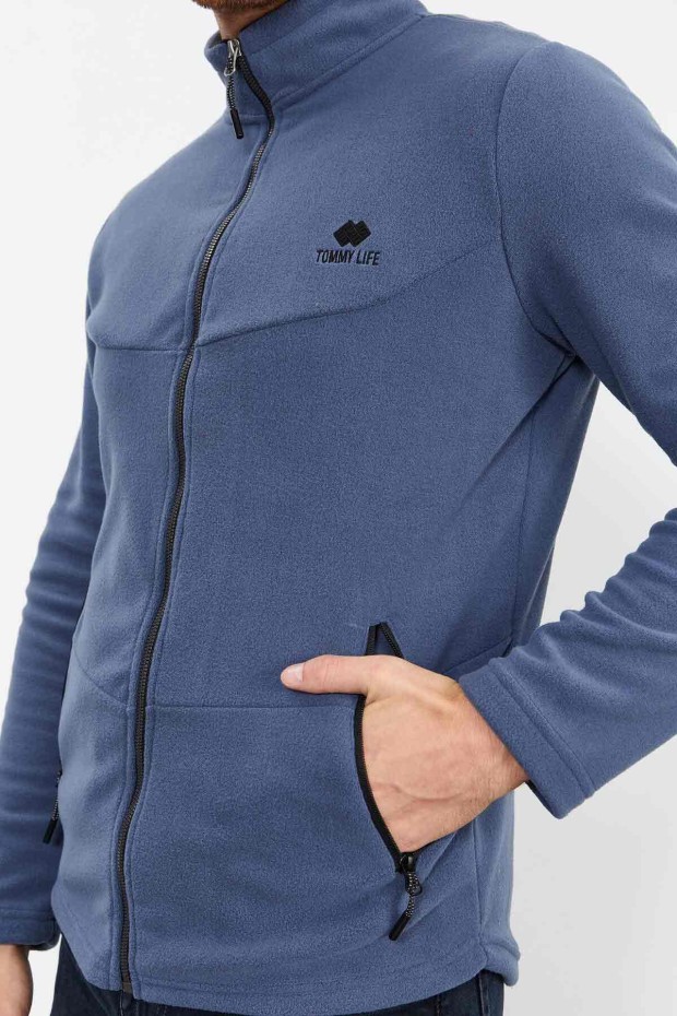 İndigo Dik Yaka Fermuarlı Standart Kalıp Erkek Polar Sweatshirt - 87993