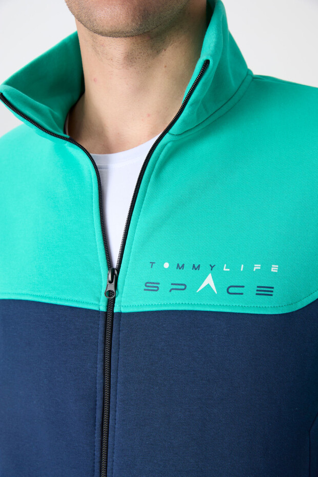 İndigo Dik Yaka Renk Geçişli İçi Polarlı Erkek Eşofman Takımı - 85186 - 3