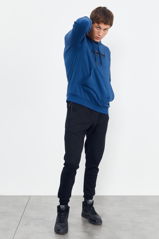 İndigo Baskılı Kapüşonlu Kanguru Cep Rahat Form Erkek Sweatshirt - 88019