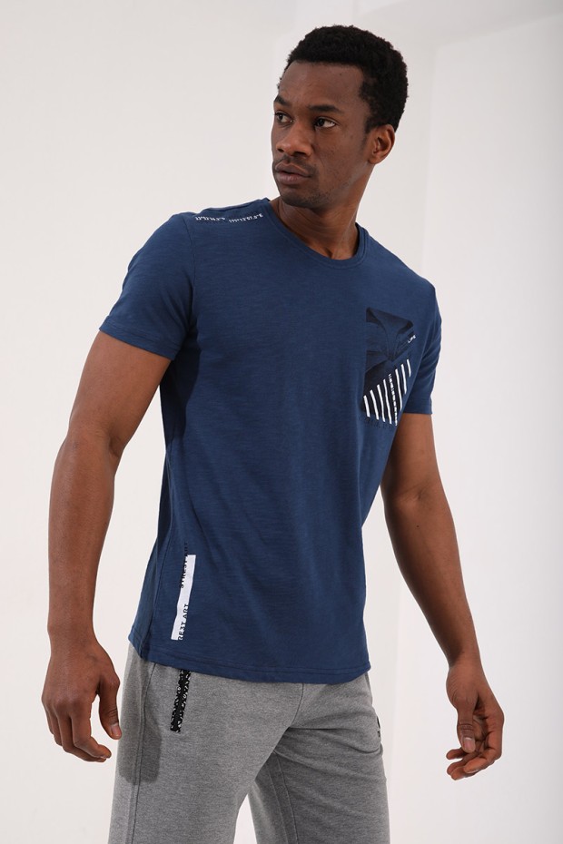 İndigo Göğüs Baskılı Koordinat Detaylı Standart Kalıp O Yaka Erkek T-Shirt - 87894