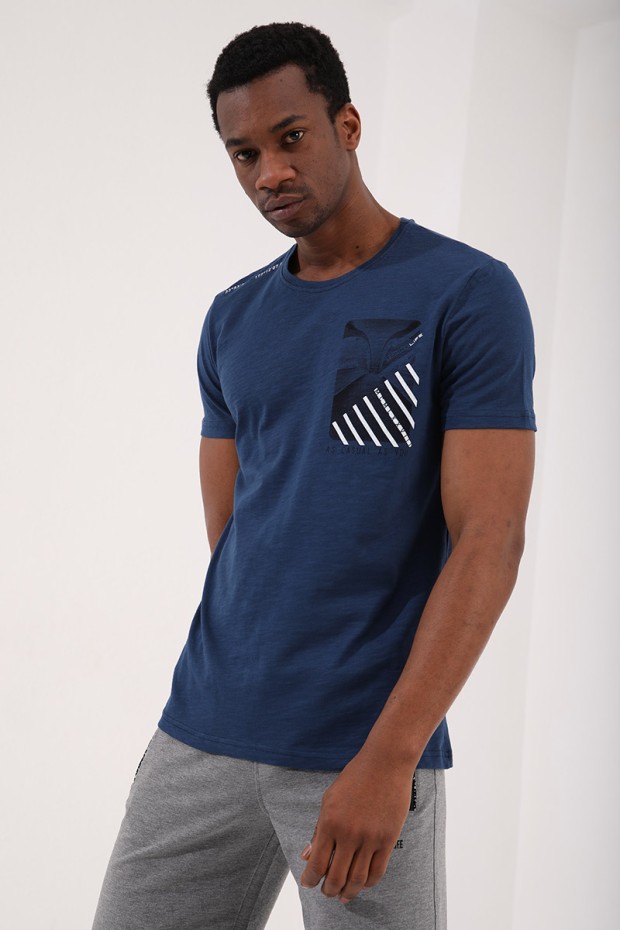 İndigo Göğüs Baskılı Koordinat Detaylı Standart Kalıp O Yaka Erkek T-Shirt - 87894