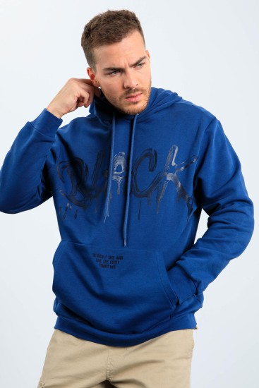 İndigo Graffiti Yazı Baskılı Kapüşonlu Rahat Form Erkek Sweatshirt - 88031 