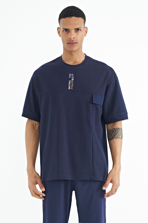 İndigo Gizli Cep Detaylı Baskılı Oversize Erkek T-shirt - 88244